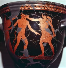 Theseus kills the Minotaur (with Ariadne present), Greek Vase painting, 5th Century BC. Artist: Hermonax.