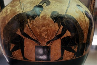 Greek Amphora, detail of Achilles and Ajax playing a game, c6th century BC. Artist: Exekias.
