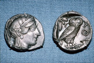 Tetradrachm, Greek Coin, Silver Head of Athena and Owl, mid to late 5th century BC. Artist: Unknown.