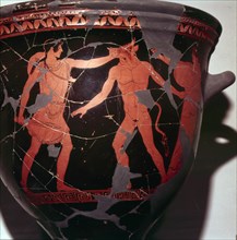 Theseus kills the Minotaur (with Ariadne present), Greek Vase painting, 5th Century BC. Artist: Hermonax.