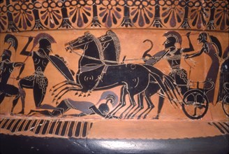 Greek Soldiers and Chariot in Battle, vase painting, c6th century BC. Artist: Unknown.