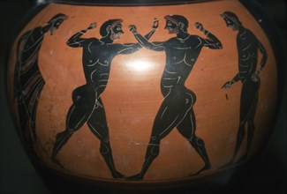 Greek Vase,  Black-figure Amphora depicting Boxing Scene, c6th century BC. Artist: Unknown.