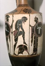 Black figured Lekytkos (oil-bottle), Warrior Arming, Athens, c490BC Artist: Edinburgh Painter.