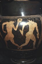 Greek Vase painting, Athletes with jumping-weights, found in Etruscan burial, c6th century BC.