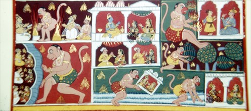 Hanuman, the Monkey-Demon, causing mischief among men, c1730. Artist: Unknown.