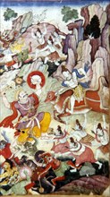 Siva Destroys the Demon and Haka, Harivamsa manuscript, Mughal School, c1590. Artist: Unknown.