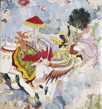 Krishna, (on Bird-God, Garuda) fights Indra (on elephant), Harivamsa manuscript, c1590. Artist: Unknown.