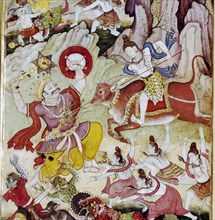 Siva destroys the demon Andhaka, Harivamsa manuscript, Mughul, c1590. Artist: Unknown.