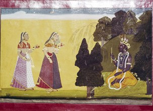 Krishna with flute, approached by two ladies. Artist: Unknown.
