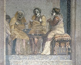 Roman mosaic of Scene from play with masked actors, Villa of Cicero, Pompeii,  c2nd century BC. Creator: Dioscurides of Samos.