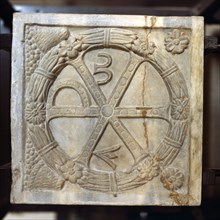 Chi-Ro symbol with Alpha and Omega, Early Christian Sarcophagus, Rome, 4th century. Artist: Unknown.