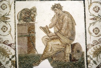 Roman Mosaic, Tragic Poet and Two Masks from Thuburbo Majus, Tunisia, 3rd century. Artist: Unknown.