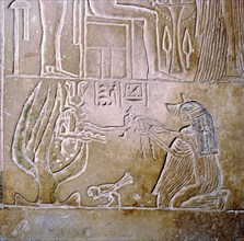 Egyptian relief, deceased priestess and Hathor with sycamore tree. Artist: Unknown.