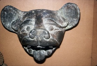 Pottery Mask of a Bat, grey with red and white paint, Zapotec, Mexico, 300-900. Artist: Unknown.