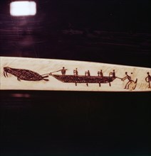 Walrus Hunt, detail of carving on Eskimo snow-knife, walrus ivory, 19th century. Artist: Unknown.