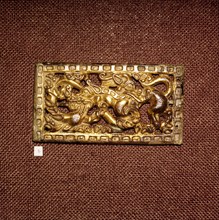 Gilded Bronze Harness Plaque of Two Animals Fighting, Ordos Region, c3rd century BC. Artist: Unknown.