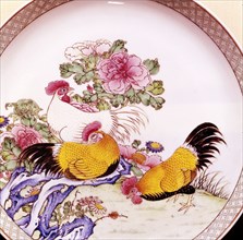 Cockerels, Famille Rose Enamel Porcelain Plate, Ch'Ieh Lung, 1736-1795.  Artist: Unknown.