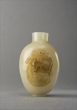 Jade snuff bottle with raised carving of animals, China, Qing dynasty, 1644-1911. Creator: Unknown.