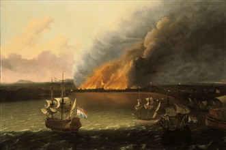Seascape with a fire in the distance, 1667. Artist: Ludolf Backhuysen I