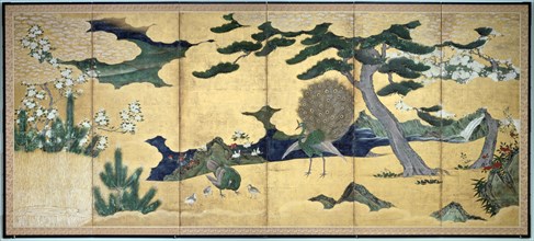 'Pines and Peacocks', Japanese Edo period, early 17th century. Artist: Anon