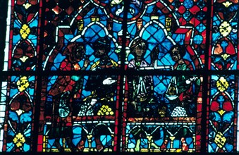 Money changers, stained glass, Chartres Cathedral, Chartres, France. Artist: Unknown