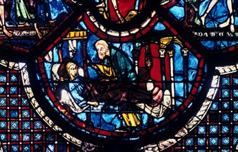 The Good Samaritan cares for the Pilgrim, stained glass, Chartres Cathedral, France, 1205-1215. Artist: Unknown