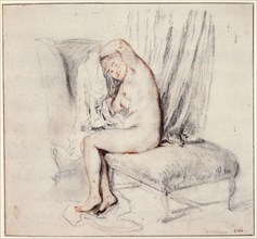 'Nude woman sitting on a chaise longue, putting on her shirt', 18th century.  Artist: Jean-Antoine Watteau