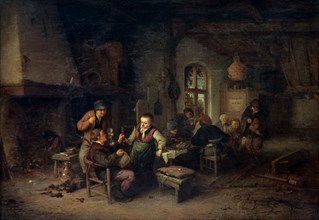 'The Interior of an Inn with Nine Peasants and a Hurdy-Gurdy Player,' 1653.  Artist: Adriaen van Ostade