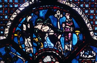 Injured pilgrim ignored by priest and Levite, stained glass, Chartres Cathedral, France, 1205-1215. Artist: Unknown