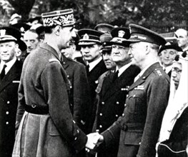 World War 2: De Gaulle greets Eisnhower, 1944. Artist: Anon
