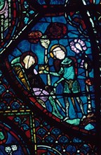 Baudoin tends the dying Roland, stained glass, Chartres Cathedral, France, 1194-1260. Artist: Unknown