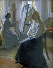 'In the Studio, Anna Ancher, the Artist's Wife Painting', late 19th-early 20th century.  Artist: Michael Peter Ancher