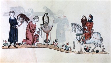 Falconers with their birds, 13th century. Artist: Unknown