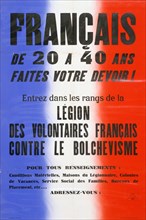Recruitment poster for the Legion of French Volunteers, 1941-1944. Artist: Unknown