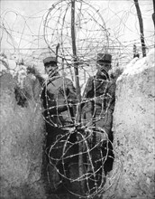 Barbed wire surrounding a French trench, World War I, 1915. Artist: Unknown
