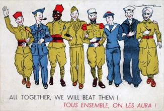 'All Together, We Will Beat Them!', 2nd World War postcard, c1941-1944. Artist: Jean Loup