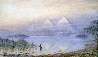 'The Pyramids During the Nile Flood', Egypt, 1888. Artist: Henry Noel Shore