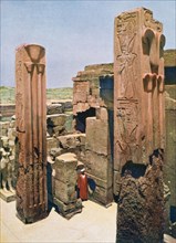 Granite pillars with lotus and papyrus decoration, Temple of Amun-Re, Karnak, Egypt, 20th century. Artist: Unknown