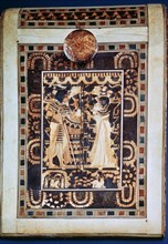 Lid of a coffer showing Tutankhamun and his wife Ankhesenamun in a garden, 14th century BC. Artist: Unknown