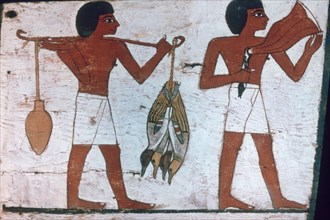 Slaves carrying offerings to Osiris, Sarcophagus of The Lady of Madja, 18th Dynasty. Artist: Unknown