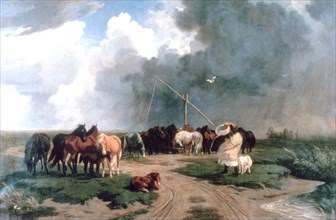 'Horses in the Storm', 1862. Artist: Karoly Lotz