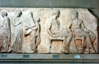 The sacred robe of Athena held up by cult officials, and Athena and Hephaistos, 438 BC. Artist: Unknown