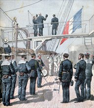 Salute to the flag, French naval manoeuvres, 1891. Artist: Henri Meyer