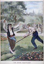 A wild fight involving harvesting implements, 1902. Artist: Unknown