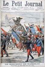 French troops parading past the monument to the battle of Waterloo, 1904. Artist: Unknown