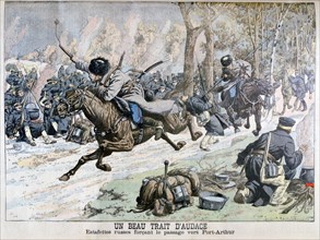 Surprise attack by Russian cavalry on the road to Port Arthur, Russo-Japanese War, 1904. Artist: Unknown