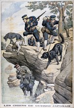 Japanese soldiers with dogs locate a Russian in hiding, Russo-Japanese War, 1904. Artist: Unknown