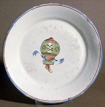 A French faience plate with aeronauts with flags, 1785. Artist: Unknown