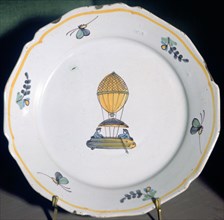 A French faience plate depicting Jean-Pierre Blanchard's balloon trip. Artist: Unknown