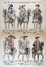 Mousquetaires a Cheval 17th Century. French army uniforms. Colour Lithograph. Private collection. Artist: Unknown